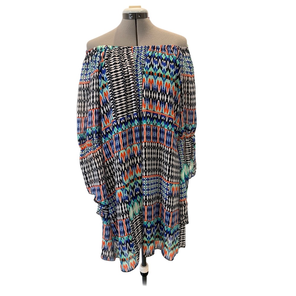 New Directions XL Geometric Patchwork‎ Boho Retro Bell Sleeve Shift Dress Blue